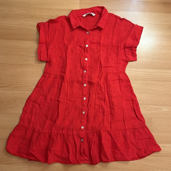 Zara red linen button down mini dress size extra small - Picture 2 of 6